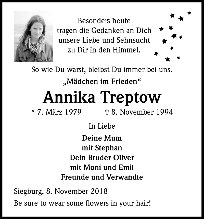  Traueranzeige für Annika Treptow vom 08.11.2018 aus Kölner Stadt-Anzeiger / Kölnische Rundschau / Express