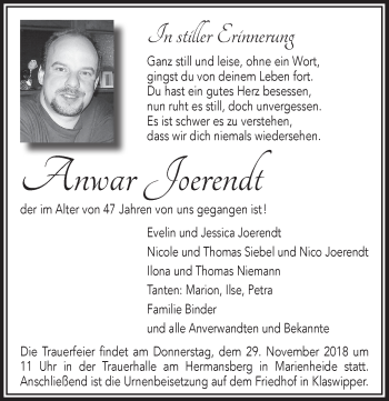 Anzeige von Annwar Joerendt von  Anzeigen Echo 