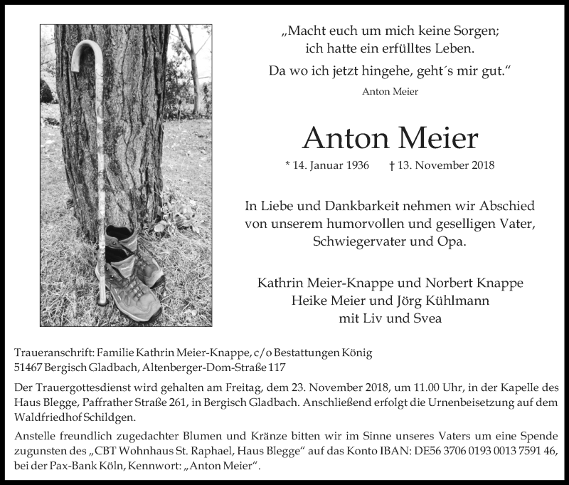  Traueranzeige für Anton Meier vom 17.11.2018 aus Kölner Stadt-Anzeiger / Kölnische Rundschau / Express