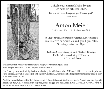 Anzeige von Anton Meier von Kölner Stadt-Anzeiger / Kölnische Rundschau / Express