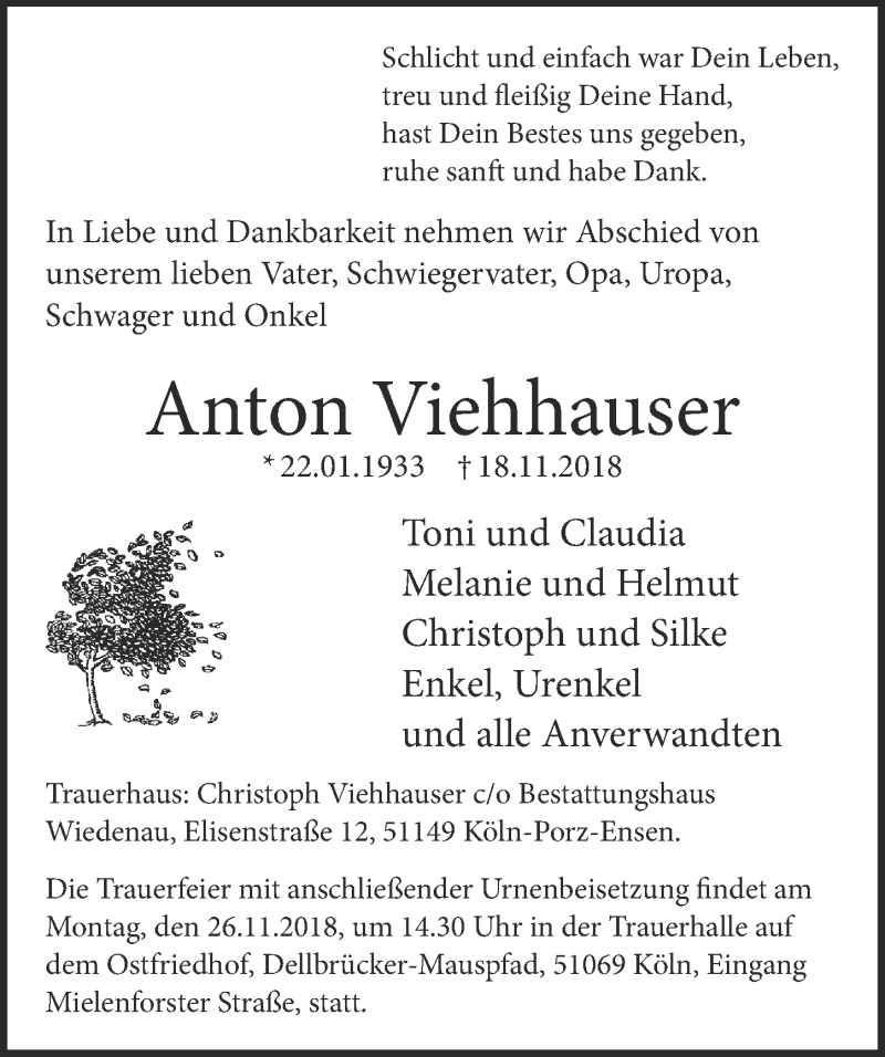  Traueranzeige für Anton Viehhauser vom 21.11.2018 aus  Kölner Wochenspiegel 