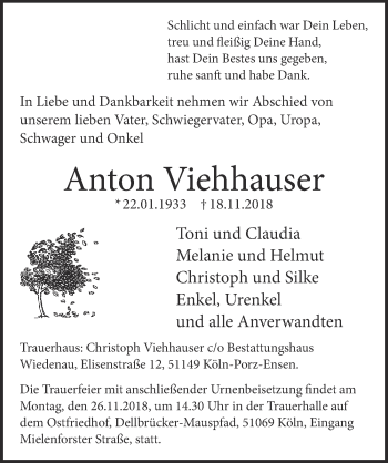 Anzeige von Anton Viehhauser von  Kölner Wochenspiegel 