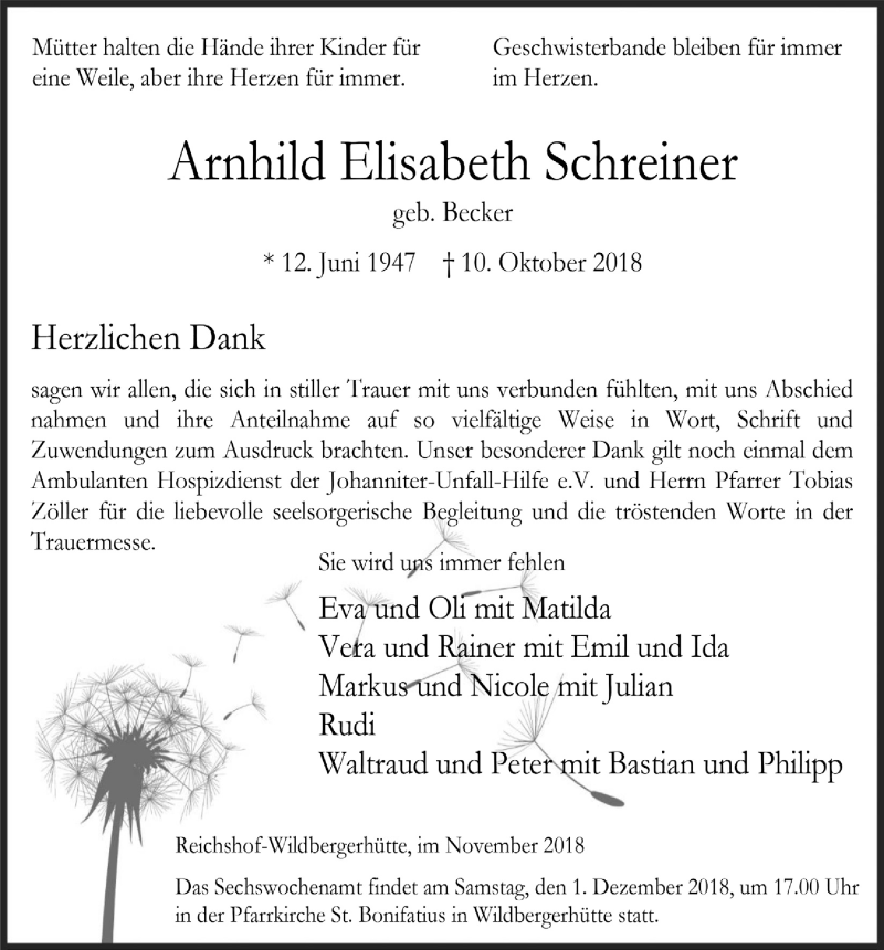  Traueranzeige für Arnhild Elisabeth Schreiner vom 21.11.2018 aus  Lokalanzeiger 