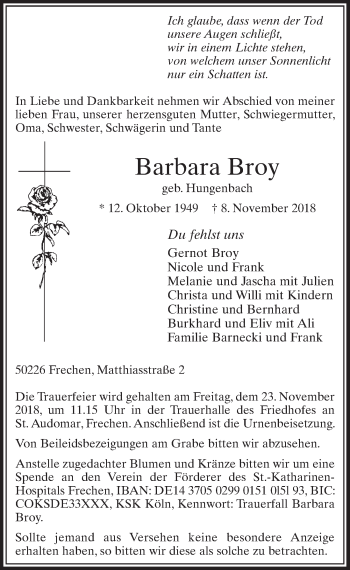 Anzeige von Barbara Broy von  Sonntags-Post 