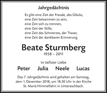 Anzeige von Beate Sturmberg von  Bergisches Sonntagsblatt 