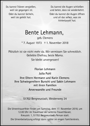 Anzeige von Bente Lehmann von Kölner Stadt-Anzeiger / Kölnische Rundschau / Express