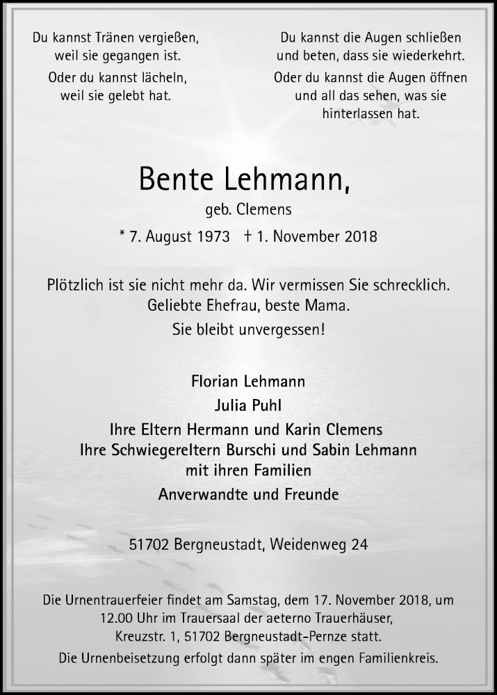  Traueranzeige für Bente Lehmann vom 10.11.2018 aus Kölner Stadt-Anzeiger / Kölnische Rundschau / Express
