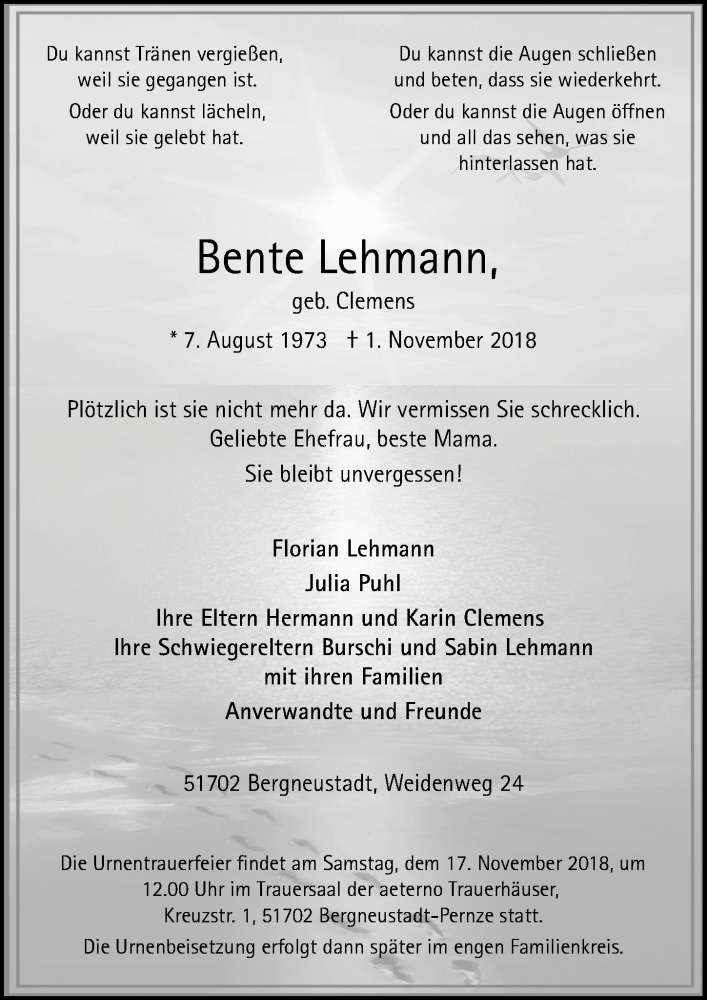  Traueranzeige für Bente Lehmann vom 14.11.2018 aus  Anzeigen Echo 