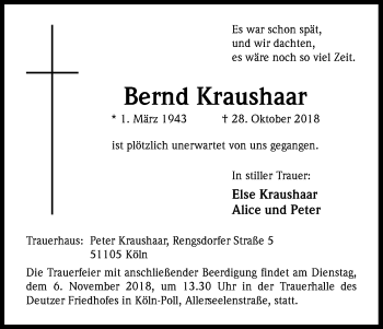 Anzeige von Bernd Kraushaar von Kölner Stadt-Anzeiger / Kölnische Rundschau / Express