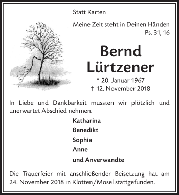 Anzeige von Bernd Lürtzener von  Anzeigen Echo 