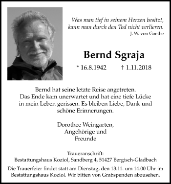 Anzeige von Bernd Sgraja von Kölner Stadt-Anzeiger / Kölnische Rundschau / Express