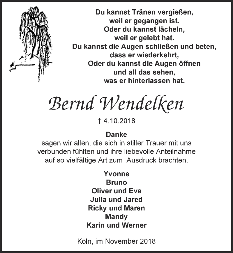  Traueranzeige für Bernd Wendelken vom 07.11.2018 aus  Kölner Wochenspiegel 