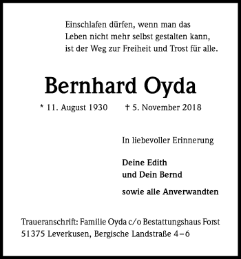 Anzeige von Bernhard Oyda von Kölner Stadt-Anzeiger / Kölnische Rundschau / Express