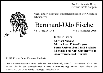 Anzeige von Bernhard-Udo Fischer von Kölner Stadt-Anzeiger / Kölnische Rundschau / Express