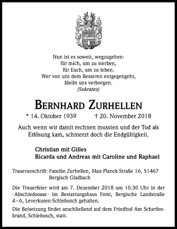 Anzeige von Bernhard Zurhellen von Kölner Stadt-Anzeiger / Kölnische Rundschau / Express