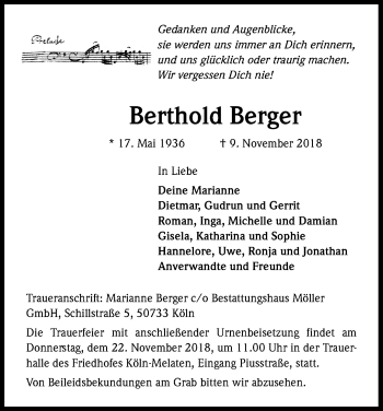 Anzeige von Berthold Berger von Kölner Stadt-Anzeiger / Kölnische Rundschau / Express