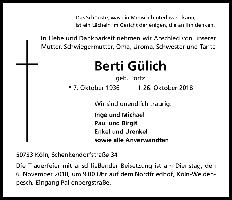  Traueranzeige für Berti Gülich vom 03.11.2018 aus Kölner Stadt-Anzeiger / Kölnische Rundschau / Express