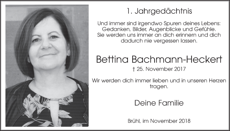  Traueranzeige für Bettina Bachmann-Heckert vom 21.11.2018 aus  Schlossbote/Werbekurier 