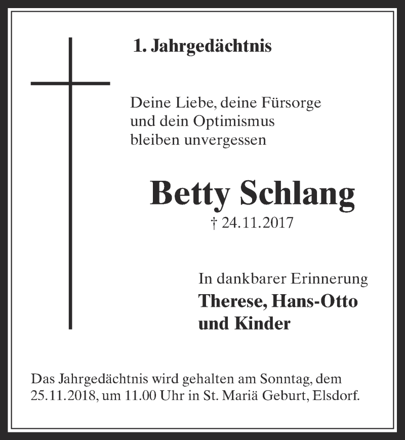  Traueranzeige für Betty Schlang vom 21.11.2018 aus  Werbepost 