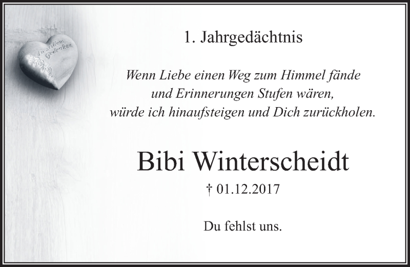  Traueranzeige für Bibi Winterscheidt vom 01.12.2018 aus  Rhein-Sieg-Wochenende 