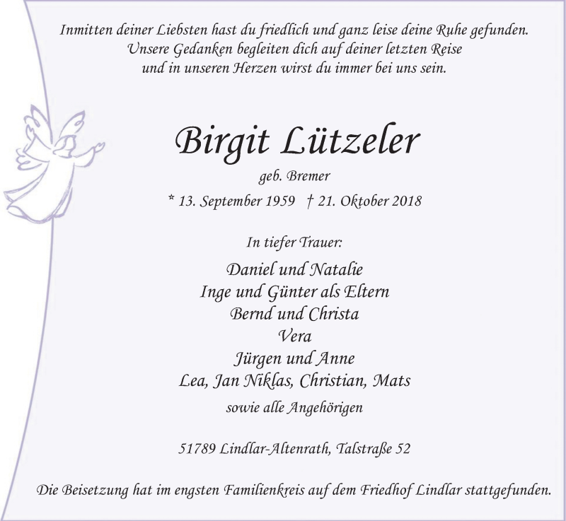  Traueranzeige für Birgit Lützeler vom 03.11.2018 aus Kölner Stadt-Anzeiger / Kölnische Rundschau / Express