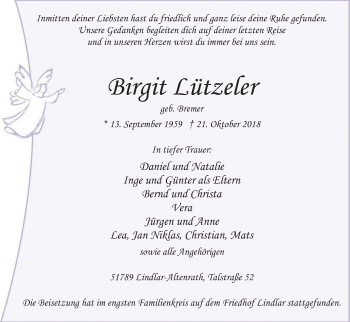 Anzeige von Birgit Lützeler von Kölner Stadt-Anzeiger / Kölnische Rundschau / Express