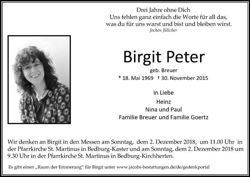  Traueranzeige für Birgit Peter vom 01.12.2018 aus Kölner Stadt-Anzeiger / Kölnische Rundschau / Express