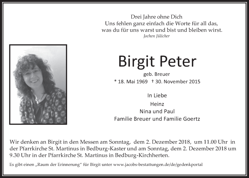  Traueranzeige für Birgit Peter vom 28.11.2018 aus  Werbepost 