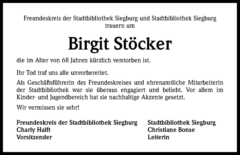  Traueranzeige für Birgit  Stöcker vom 17.11.2018 aus Kölner Stadt-Anzeiger / Kölnische Rundschau / Express