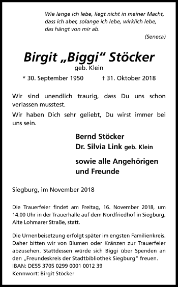 Anzeige von Birgit  Stöcker von Kölner Stadt-Anzeiger / Kölnische Rundschau / Express