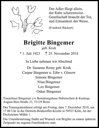 Anzeige von Brigitte Bingemer von Kölner Stadt-Anzeiger / Kölnische Rundschau / Express