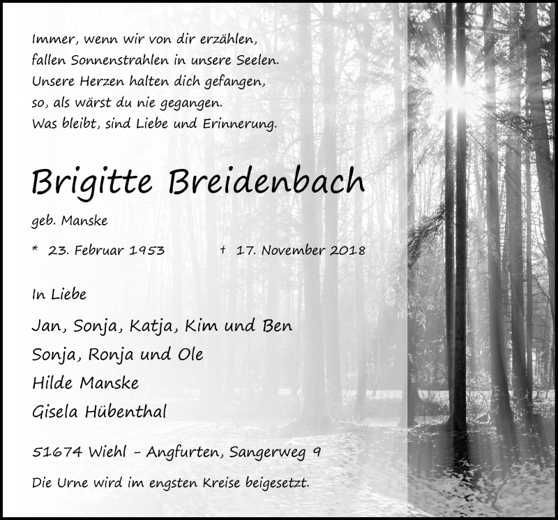  Traueranzeige für Brigitte Breidenbach vom 28.11.2018 aus  Anzeigen Echo 