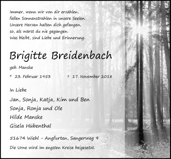 Anzeige von Brigitte Breidenbach von  Anzeigen Echo 