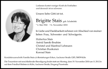 Anzeige von Brigitte Stais von Kölner Stadt-Anzeiger / Kölnische Rundschau / Express