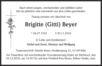 Anzeige von Brigitte Gitti Beyer von  Kölner Wochenspiegel 
