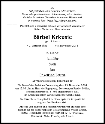 Anzeige von Bärbel Krkusic von Kölner Stadt-Anzeiger / Kölnische Rundschau / Express