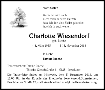 Anzeige von Charlotte Wiesendorf von Kölner Stadt-Anzeiger / Kölnische Rundschau / Express