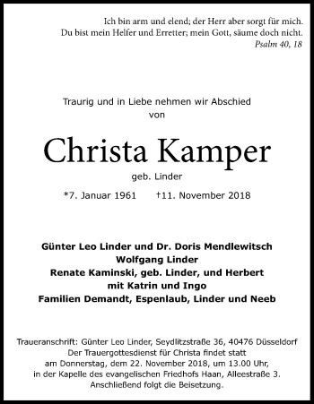 Anzeige von Christa Kamper von Kölner Stadt-Anzeiger / Kölnische Rundschau / Express