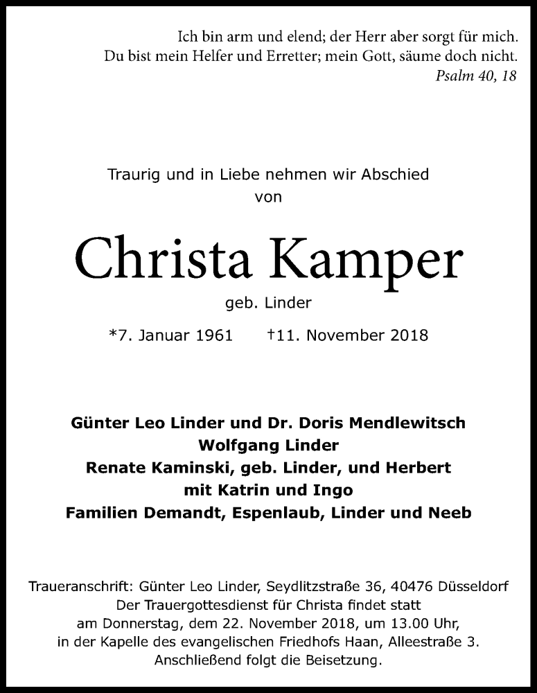  Traueranzeige für Christa Kamper vom 17.11.2018 aus Kölner Stadt-Anzeiger / Kölnische Rundschau / Express