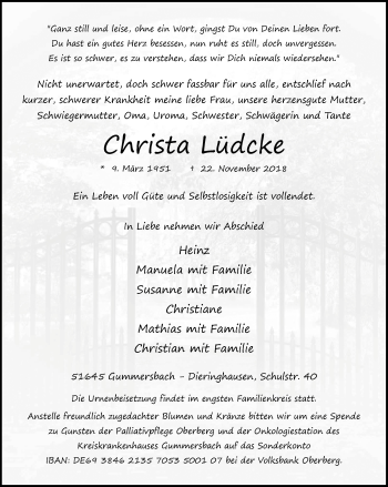 Anzeige von Christa Lüdcke von  Anzeigen Echo 