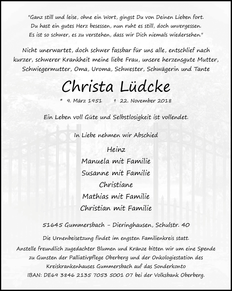  Traueranzeige für Christa Lüdcke vom 28.11.2018 aus  Anzeigen Echo 