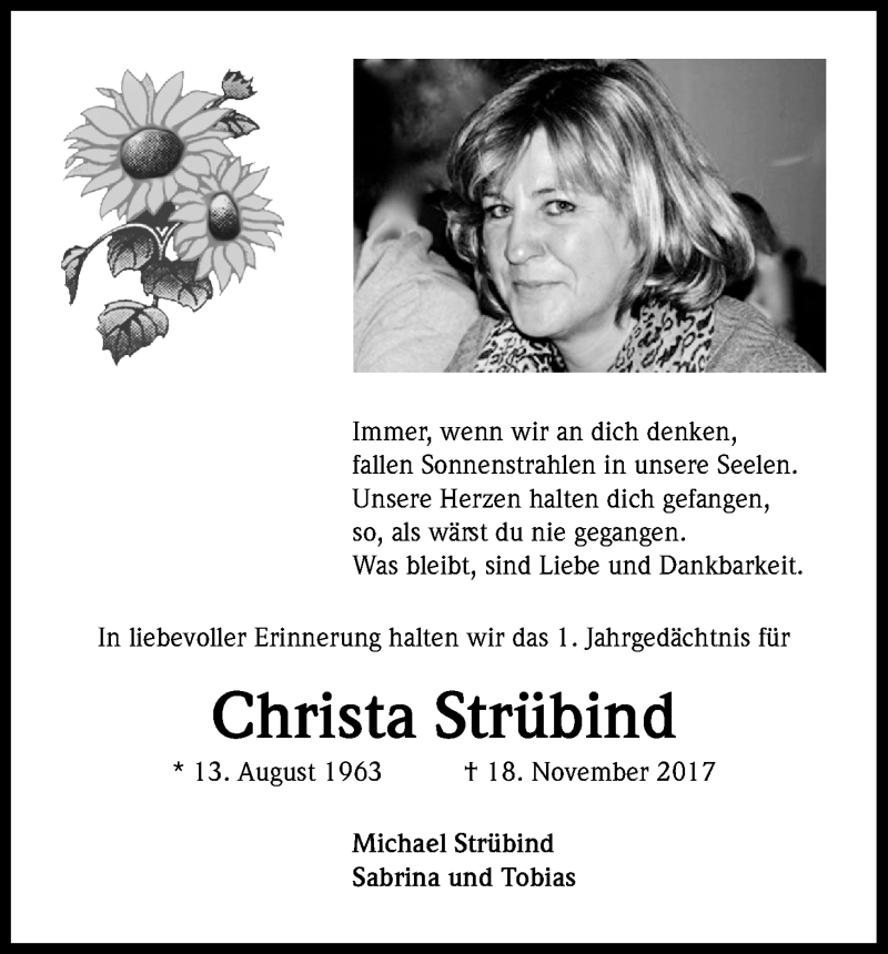  Traueranzeige für Christa Strübind vom 17.11.2018 aus Kölner Stadt-Anzeiger / Kölnische Rundschau / Express