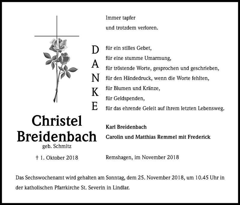  Traueranzeige für Christel Breidenbach vom 10.11.2018 aus Kölner Stadt-Anzeiger / Kölnische Rundschau / Express