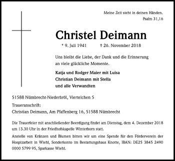 Anzeige von Christel Deimann von Kölner Stadt-Anzeiger / Kölnische Rundschau / Express