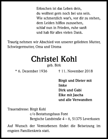 Anzeige von Christel Kohl von Kölner Stadt-Anzeiger / Kölnische Rundschau / Express