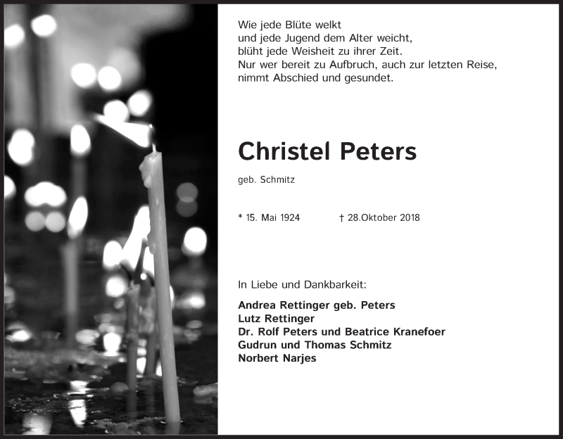  Traueranzeige für Christel Peters vom 17.11.2018 aus Kölner Stadt-Anzeiger / Kölnische Rundschau / Express