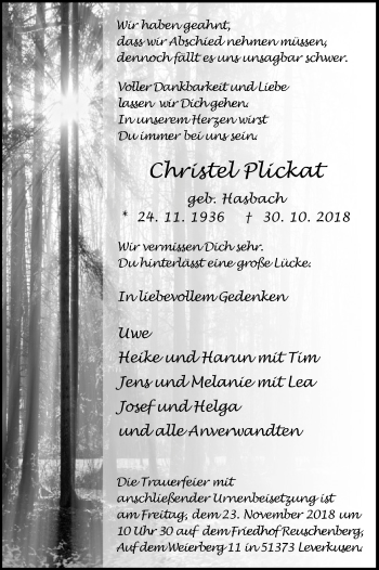 Anzeige von Christel Plickat von Kölner Stadt-Anzeiger / Kölnische Rundschau / Express