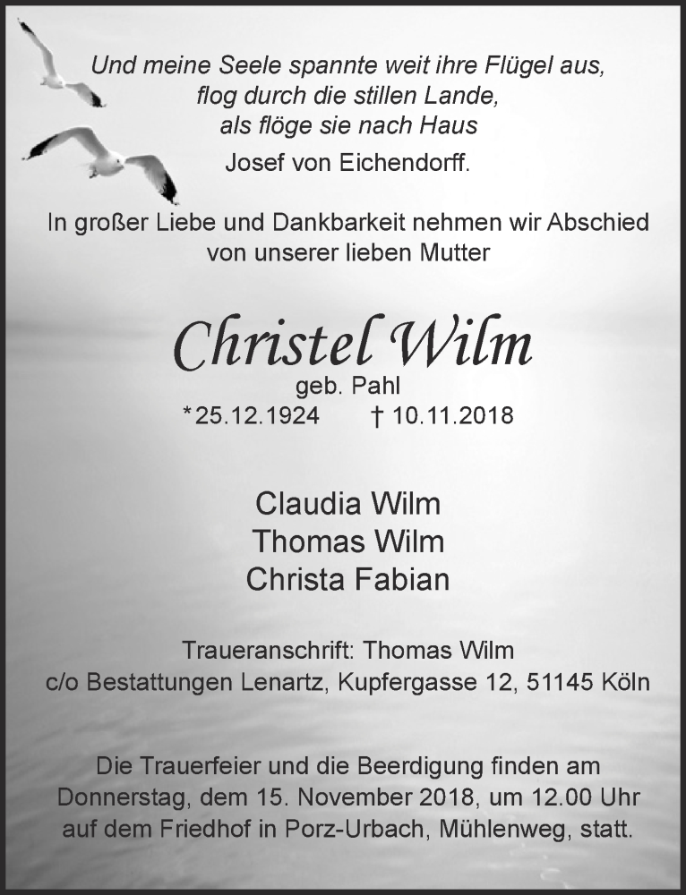  Traueranzeige für Christel Wilm vom 14.11.2018 aus  Kölner Wochenspiegel 
