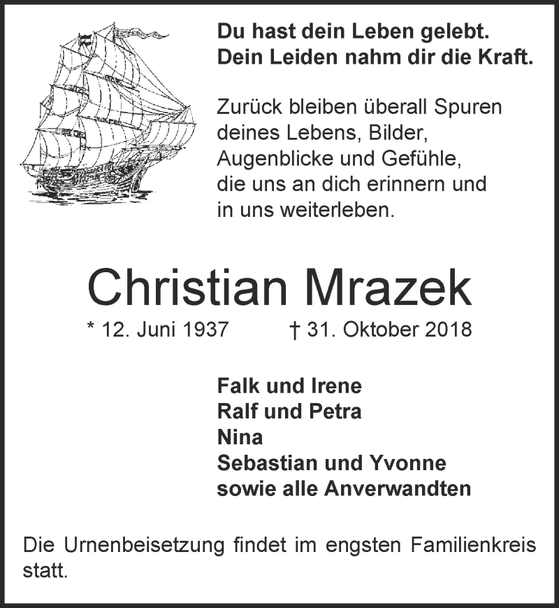  Traueranzeige für Christian Mrazek vom 07.11.2018 aus  Kölner Wochenspiegel 