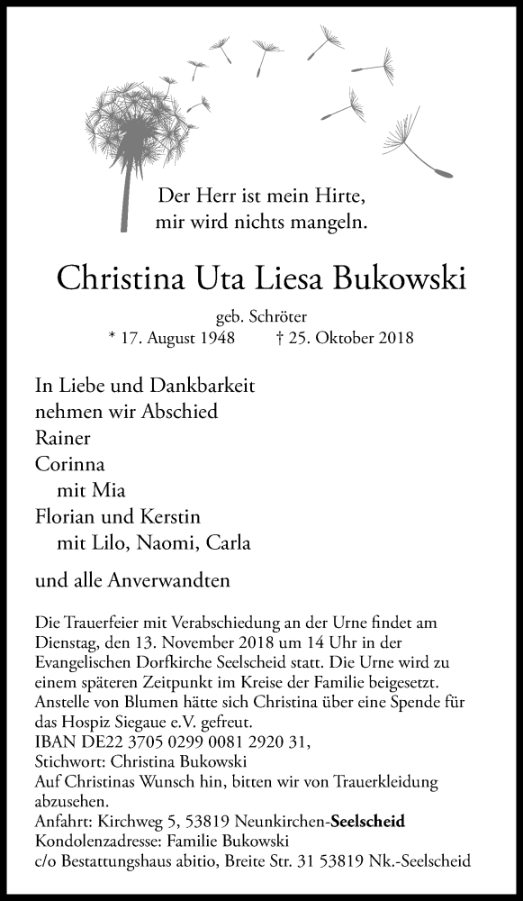  Traueranzeige für Christina Uta Liesa Bukowski vom 03.11.2018 aus Kölner Stadt-Anzeiger / Kölnische Rundschau / Express